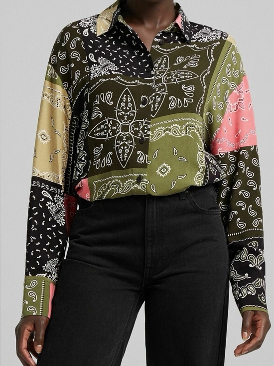 Bershka Tops - Bershka Women’s Patchwork Bandana Print Button-Up Shirt - Olive & Pink